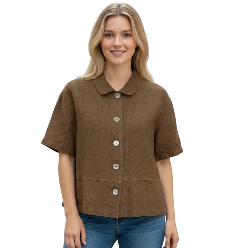 Vintage Clio Womens Flax Button Down Shirt S Brown Peter Pan Collar Boxy‎ Earthy